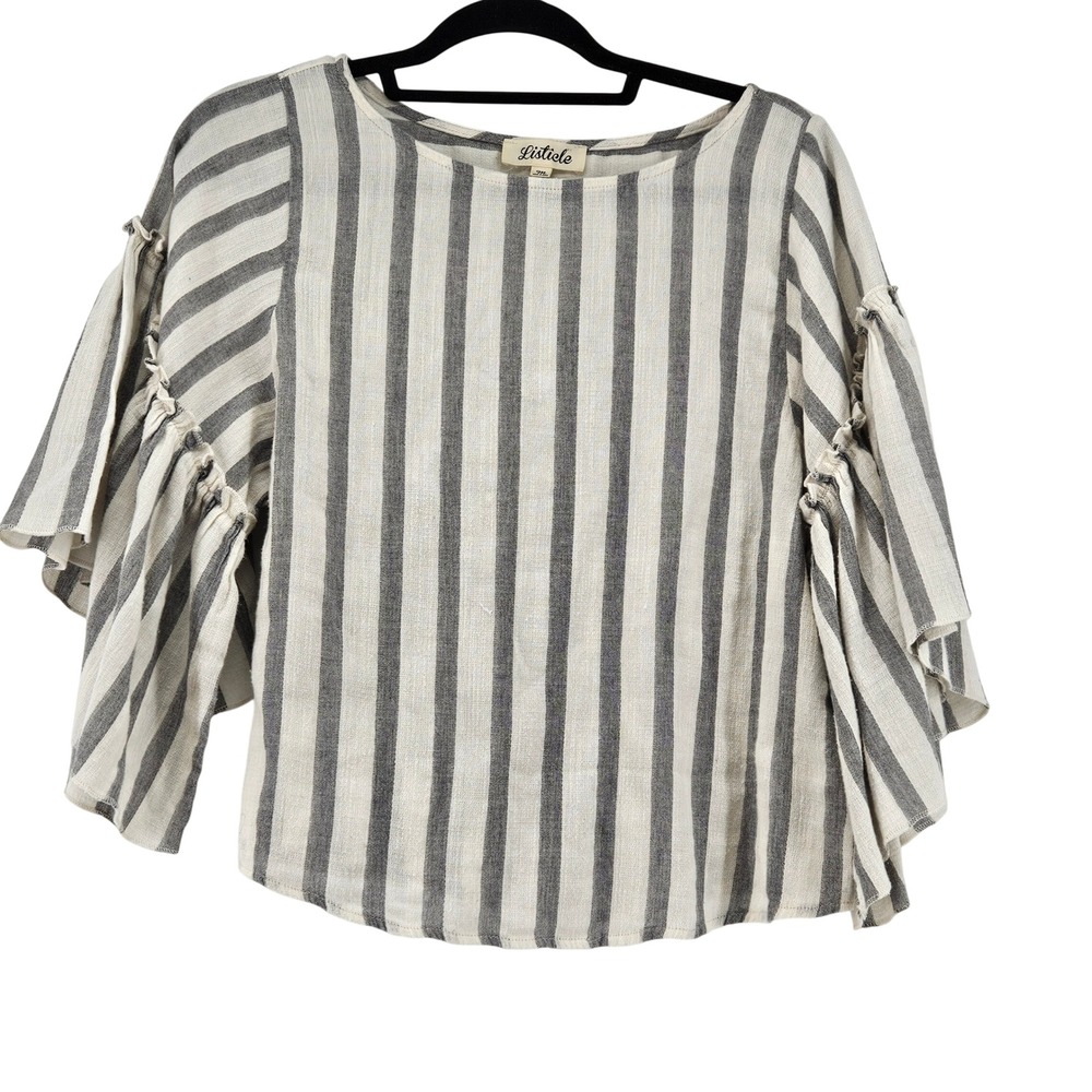 Listicle Striped Ruffle Sleeve Cotton Blouse Top M Coastal Chic Boho Minimalist